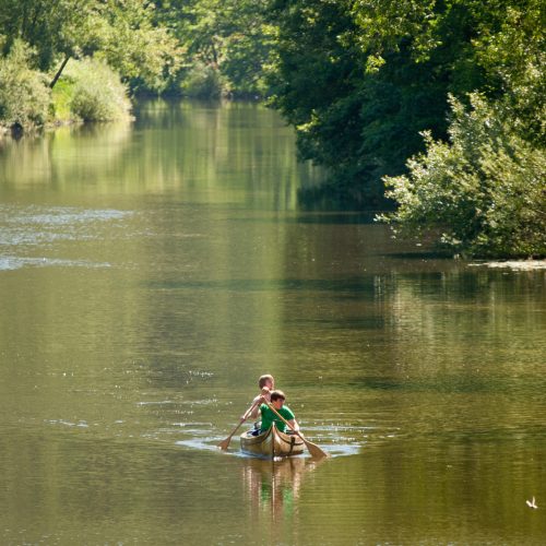 Zwei Männer paddeln in einem Kanu auf einem Fluss